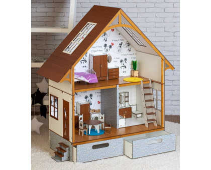 Домик для кукол Барби 3129 ЭкоДом с мебелью и текстилем. Обои. Свет. Декор