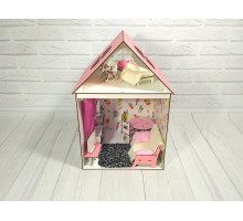 Домик для Барби деревянный 3102. 2 комнаты, 2 этажа, с мебелью, обоями, шторами и текстилем